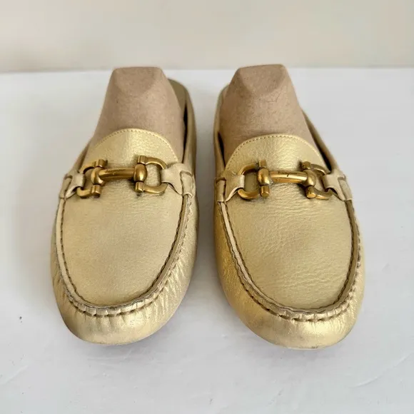 Salvatore Ferragamo Gold Leather Gancini Open Back Slip On Loafers Size 9