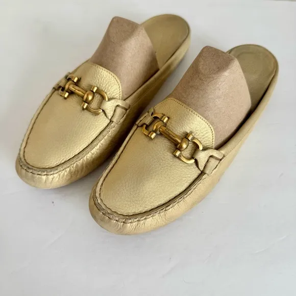 Salvatore Ferragamo Gold Leather Gancini Open Back Slip On Loafers Size 9