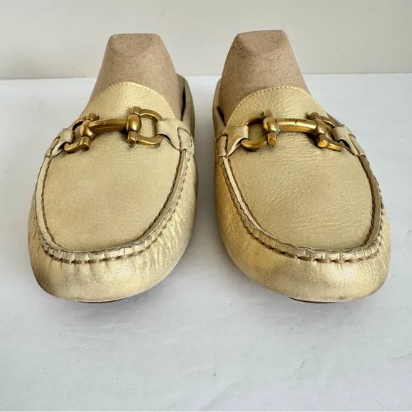 Salvatore Ferragamo Gold Leather Gancini Open Back Slip On Loafers Size 9