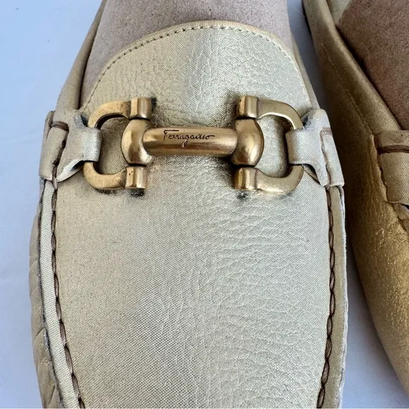 Salvatore Ferragamo Gold Leather Gancini Open Back Slip On Loafers Size 9