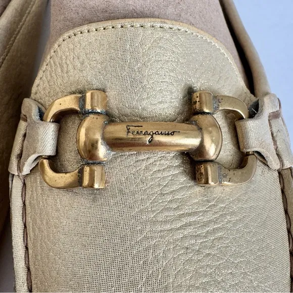Salvatore Ferragamo Gold Leather Gancini Open Back Slip On Loafers Size 9