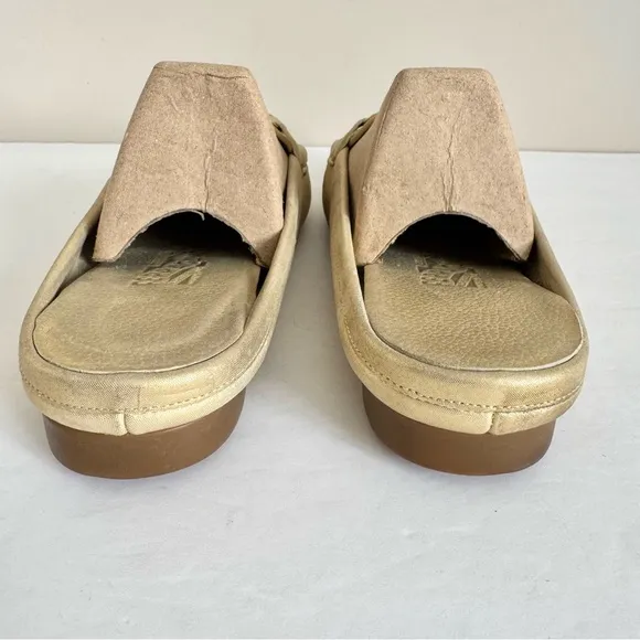 Salvatore Ferragamo Gold Leather Gancini Open Back Slip On Loafers Size 9