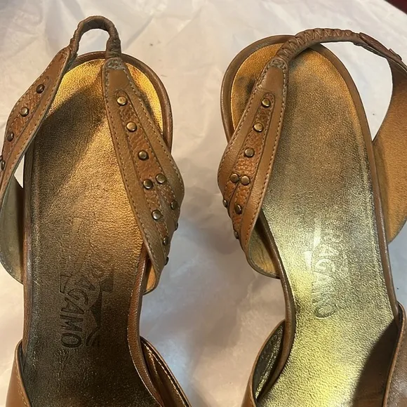 Salvatore Ferragamo sling back sandals Sz 8.5 Brown Beaded