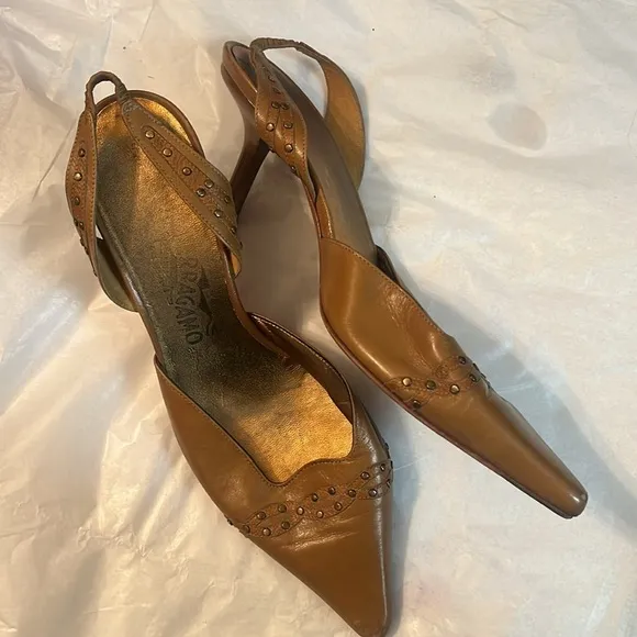 Salvatore Ferragamo sling back sandals Sz 8.5 Brown Beaded