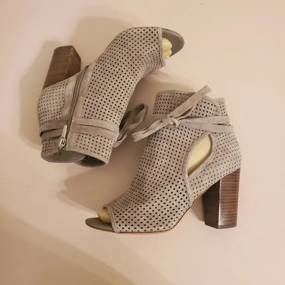 Sam Edelman 7M Tan Leather Caged Laser Cut Booties Heels ELLERY Sandals Open Toe