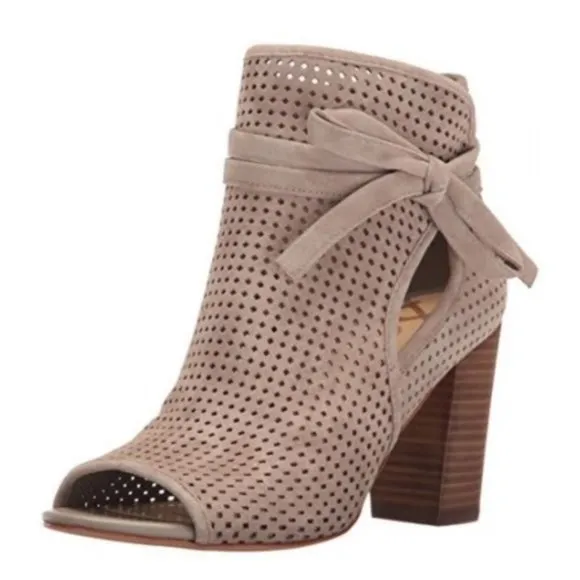 Sam Edelman 7M Tan Leather Caged Laser Cut Booties Heels ELLERY Sandals Open Toe