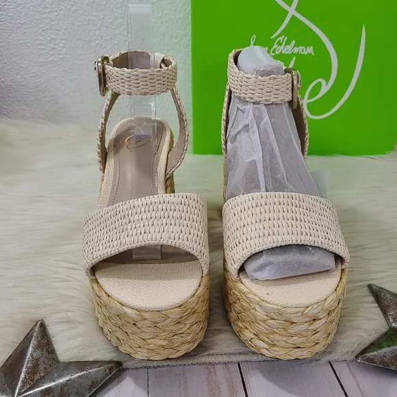 Sam Edelman April platform espadrille sandals Linen Raffia cream size 7.5 NEW