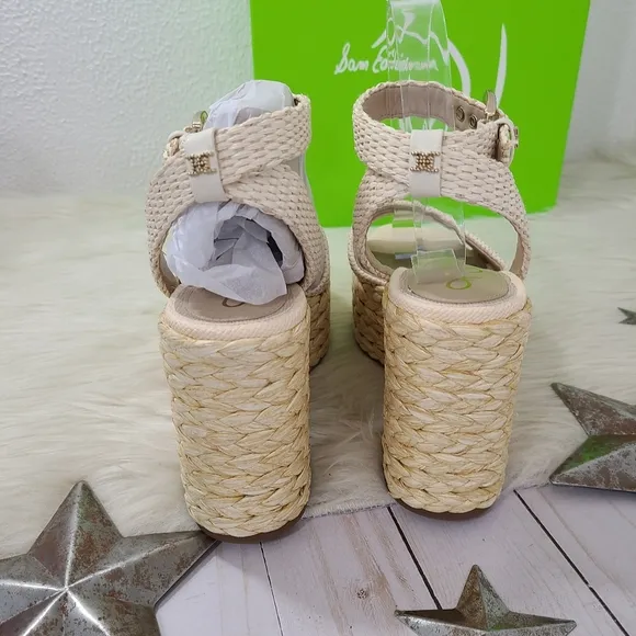 Sam Edelman April platform espadrille sandals Linen Raffia cream size 7.5 NEW