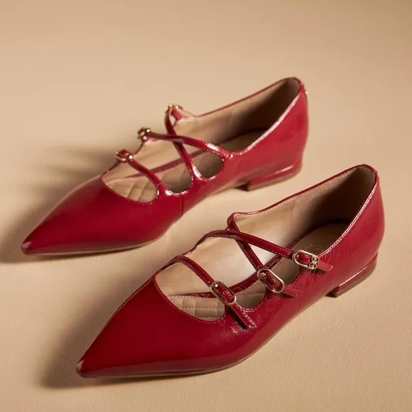 Sam Edelman Cass Flats Mary Jane Crisscross Buckle-Strap Leather Flats Red New