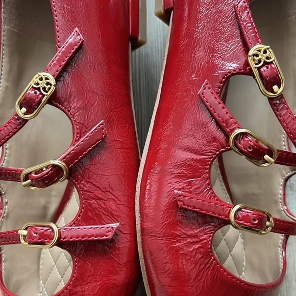 Sam Edelman Cass Flats Mary Jane Crisscross Buckle-Strap Leather Flats Red New