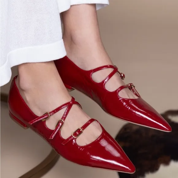 Sam Edelman Cass Flats Mary Jane Crisscross Buckle-Strap Leather Flats Red New