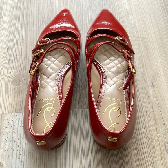 Sam Edelman Cass Flats Mary Jane Crisscross Buckle-Strap Leather Flats Red New