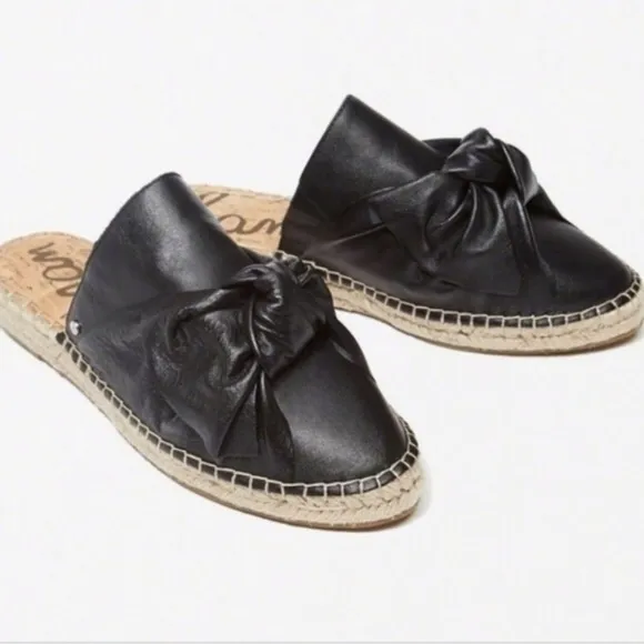 🖤🎀Sam Edelman Comfy Chic ‘Lynda’ Black Leather Bow Slipons Mules 7.5 🎀🖤