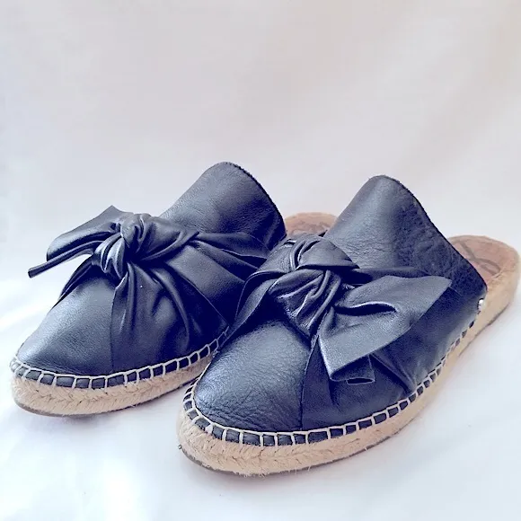 🖤🎀Sam Edelman Comfy Chic ‘Lynda’ Black Leather Bow Slipons Mules 7.5 🎀🖤