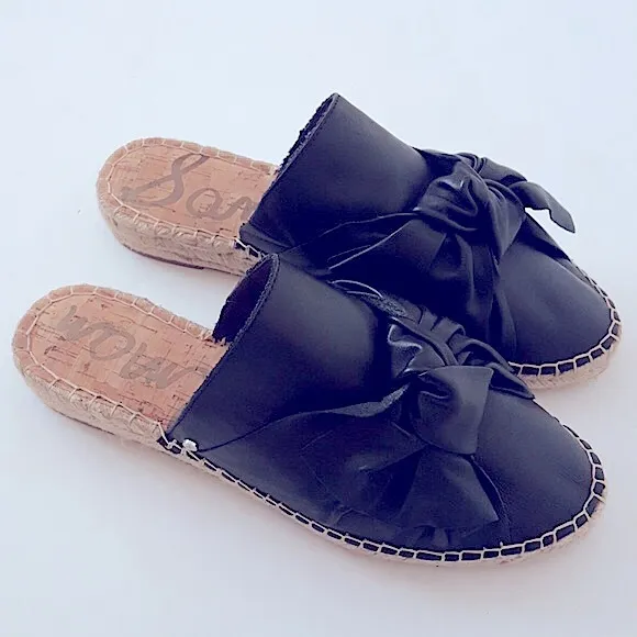 🖤🎀Sam Edelman Comfy Chic ‘Lynda’ Black Leather Bow Slipons Mules 7.5 🎀🖤