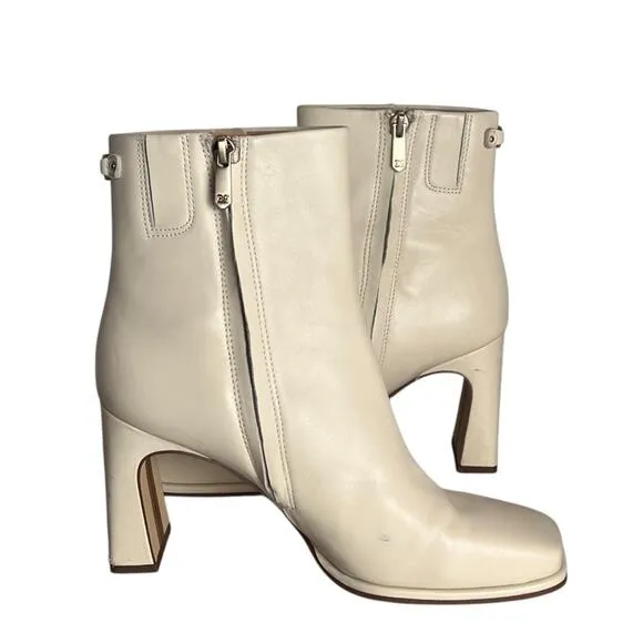 Sam Edelman Irie Heeled Leather Booties Womens 8.5 Cream Square Toe Mid Calf