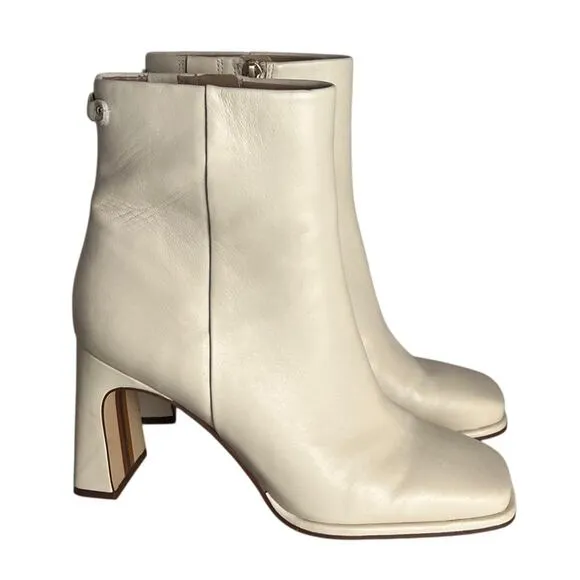 Sam Edelman Irie Heeled Leather Booties Womens 8.5 Cream Square Toe Mid Calf