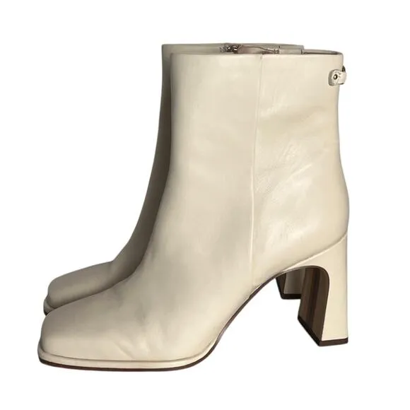 Sam Edelman Irie Heeled Leather Booties Womens 8.5 Cream Square Toe Mid Calf