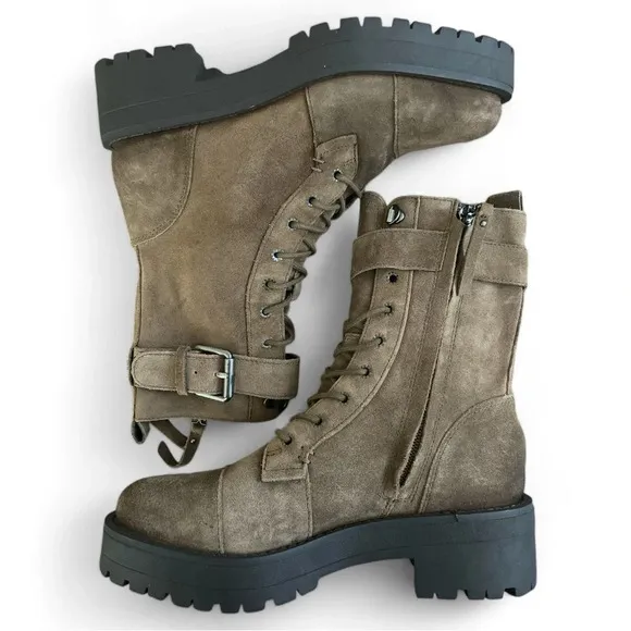 SAM EDELMAN Junip Combat Boot Women’s 5.5 Buckle Strap Lace Up Tan Suede Chunky