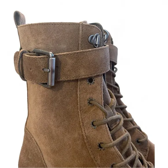 SAM EDELMAN Junip Combat Boot Women’s 5.5 Buckle Strap Lace Up Tan Suede Chunky