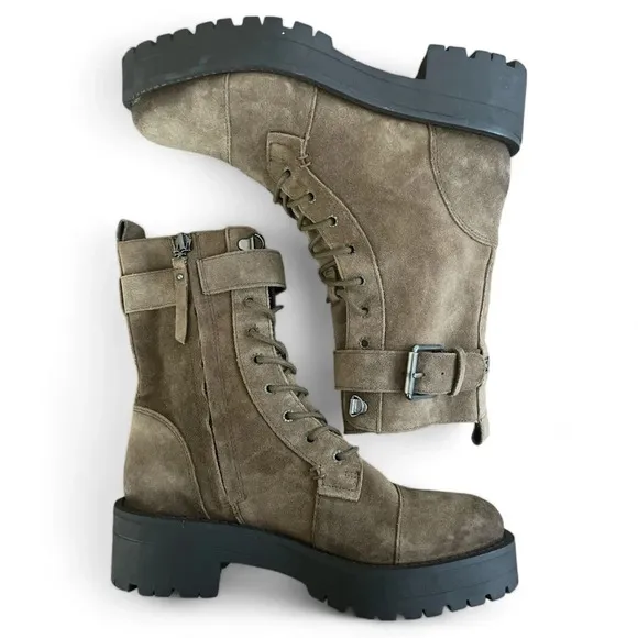 SAM EDELMAN Junip Combat Boot Women’s 5.5 Buckle Strap Lace Up Tan Suede Chunky