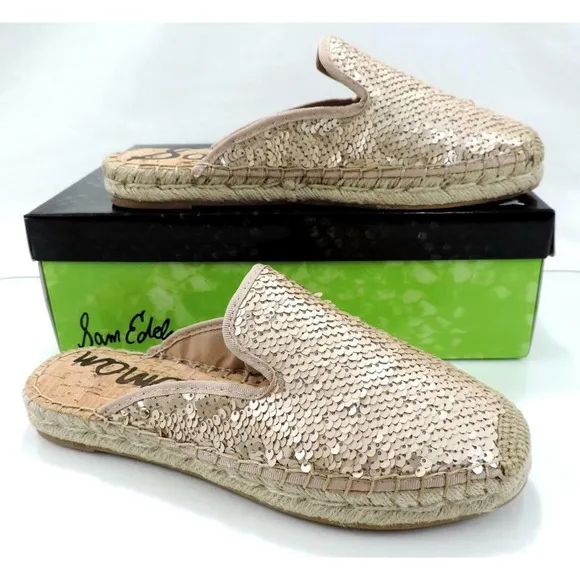 Sam Edelman Kerry Slip On Espadrille Slide Mule Flats Pink Gold Sequins Size 8