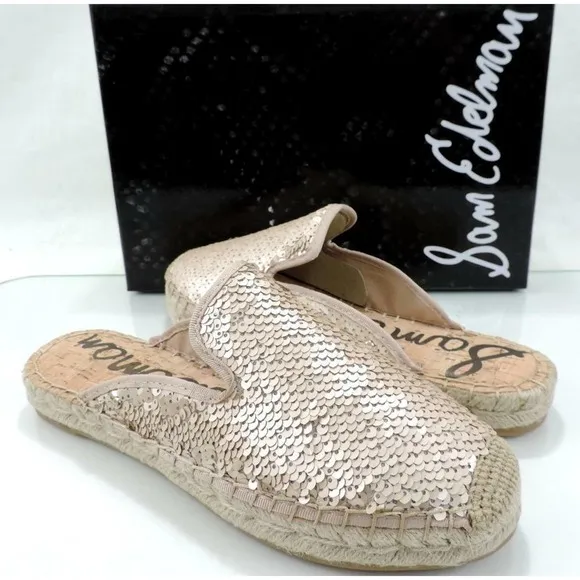 Sam Edelman Kerry Slip On Espadrille Slide Mule Flats Pink Gold Sequins Size 8