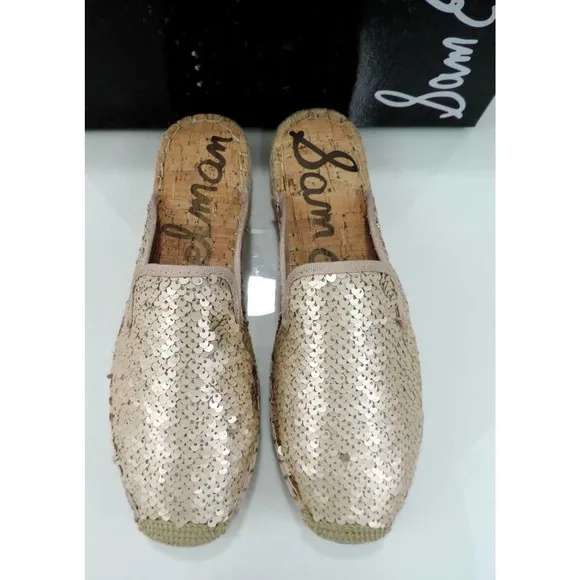 Sam Edelman Kerry Slip On Espadrille Slide Mule Flats Pink Gold Sequins Size 8