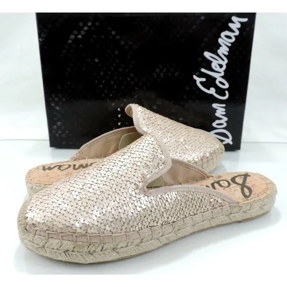 Sam Edelman Kerry Slip On Espadrille Slide Mule Flats Pink Gold Sequins Size 8