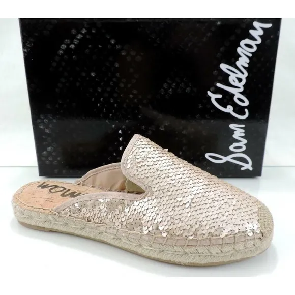 Sam Edelman Kerry Slip On Espadrille Slide Mule Flats Pink Gold Sequins Size 8