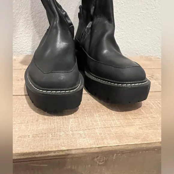 Sam Edelman Lerue Black Calabria Leather Over Knee Boots Size 5 Lug Sole Chunky