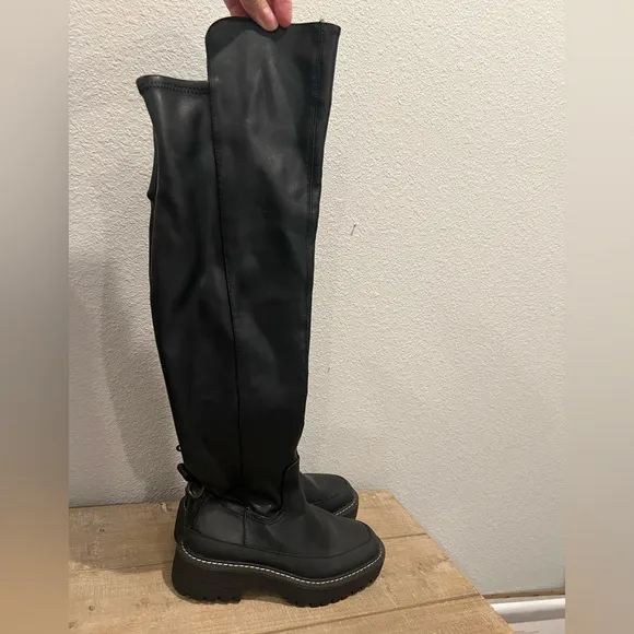 Sam Edelman Lerue Black Calabria Leather Over Knee Boots Size 5 Lug Sole Chunky