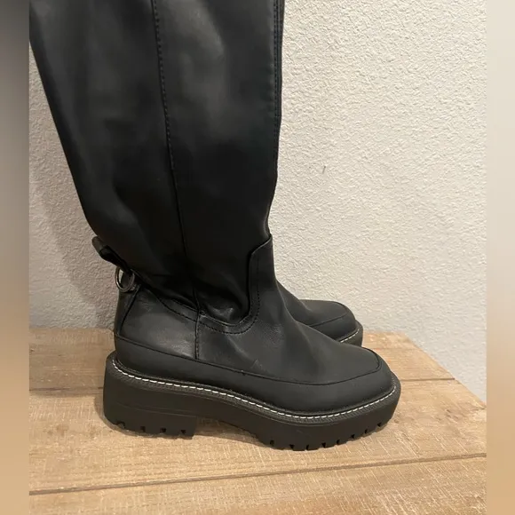 Sam Edelman Lerue Black Calabria Leather Over Knee Boots Size 5 Lug Sole Chunky