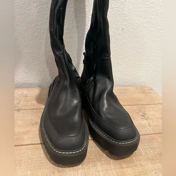 Sam Edelman Lerue Black Calabria Leather Over Knee Boots Size 5 Lug Sole Chunky