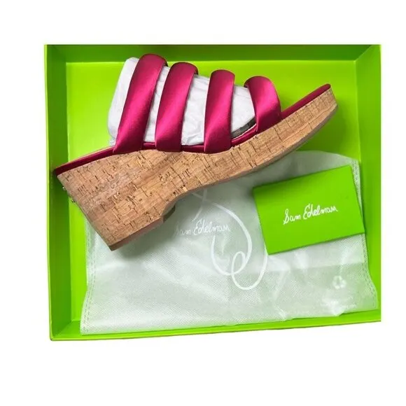Sam Edelman Womens Red Satin Strappy Open Toe Cork Wedge Sandals Sz 10 M NIB