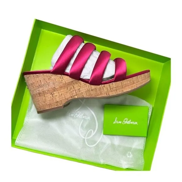 Sam Edelman Womens Red Satin Strappy Open Toe Cork Wedge Sandals Sz 10 M NIB