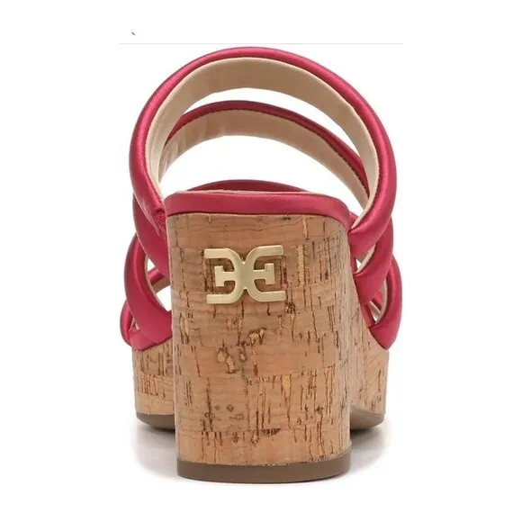 Sam Edelman Womens Red Satin Strappy Open Toe Cork Wedge Sandals Sz 10 M NIB