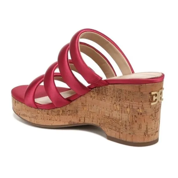 Sam Edelman Womens Red Satin Strappy Open Toe Cork Wedge Sandals Sz 10 M NIB