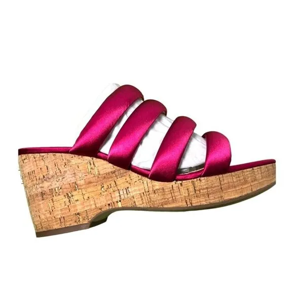Sam Edelman Womens Red Satin Strappy Open Toe Cork Wedge Sandals Sz 10 M NIB