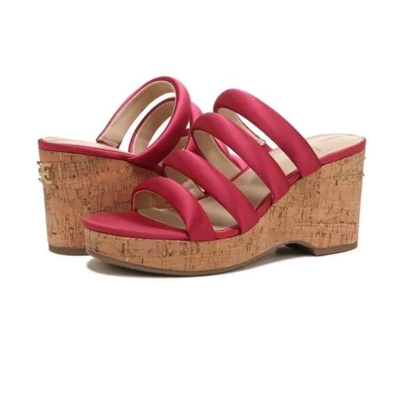 Sam Edelman Womens Red Satin Strappy Open Toe Cork Wedge Sandals Sz 10 M NIB