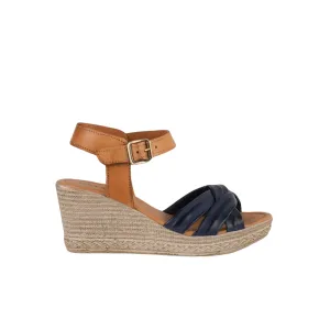 Sandale compensée bleu marine en Cuir