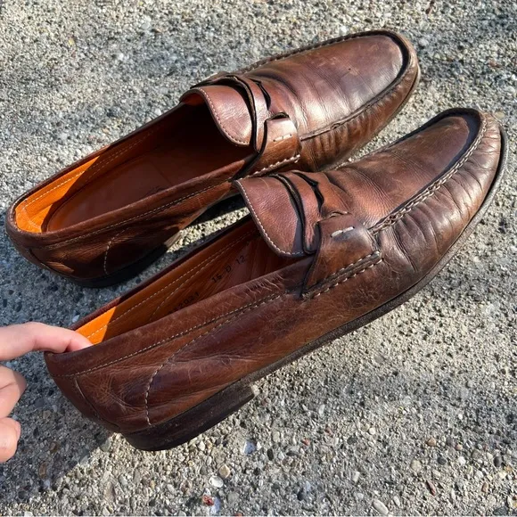 Santoni Italian Cognac Brown Burnished Leather Penny Loafers