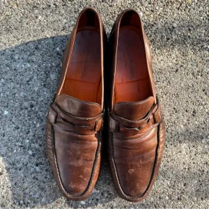 Santoni Italian Cognac Brown Burnished Leather Penny Loafers