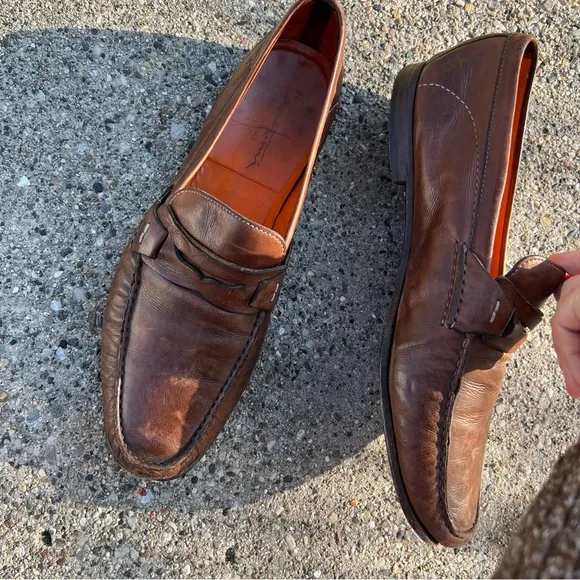 Santoni Italian Cognac Brown Burnished Leather Penny Loafers