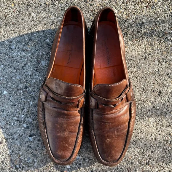 Santoni Italian Cognac Brown Burnished Leather Penny Loafers