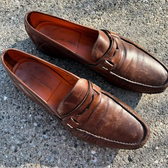 Santoni Italian Cognac Brown Burnished Leather Penny Loafers