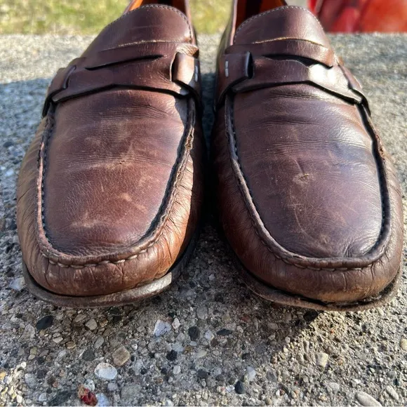 Santoni Italian Cognac Brown Burnished Leather Penny Loafers