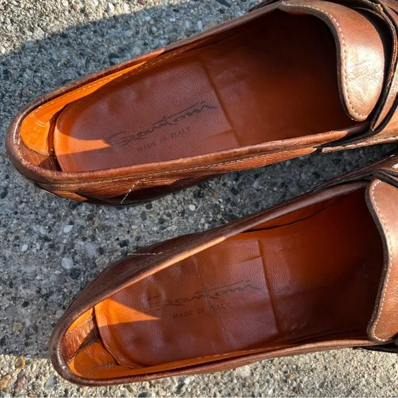 Santoni Italian Cognac Brown Burnished Leather Penny Loafers