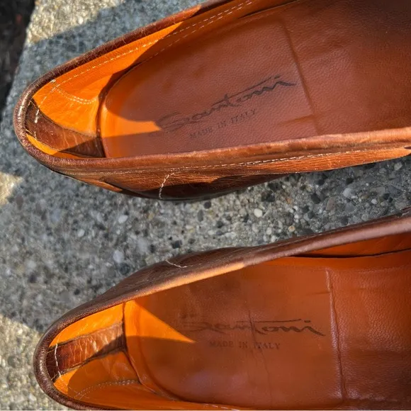 Santoni Italian Cognac Brown Burnished Leather Penny Loafers