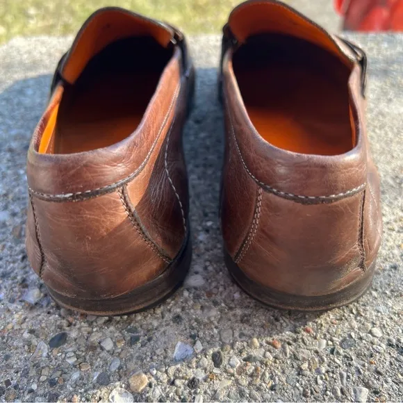 Santoni Italian Cognac Brown Burnished Leather Penny Loafers